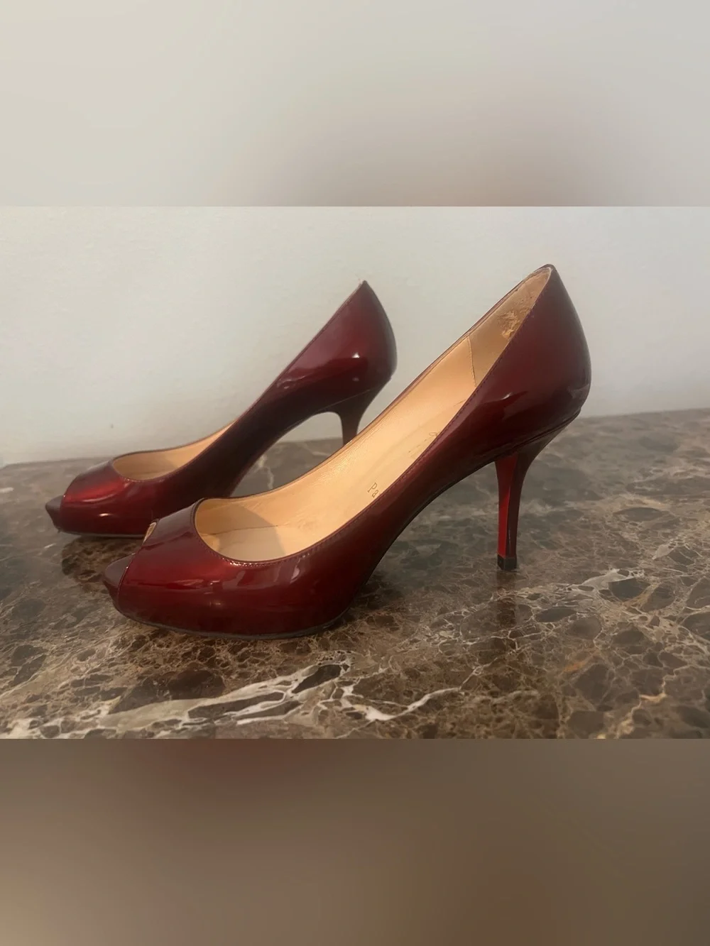 Christian Louboutin Shimmering Burgundy Patent Leather Prive 70mm Platform Pumps